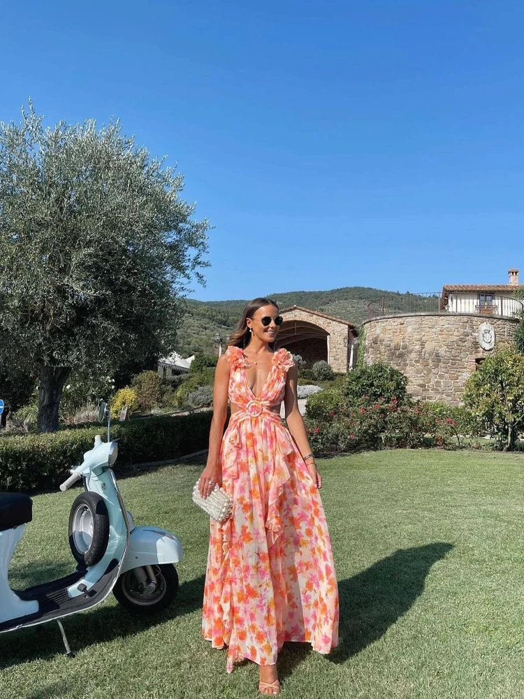 Abito lungo floreale senza schienale per le vacanze Abiti con scollo a V profondo ritagliati Abiti stile europeo americano A Line Abito slim fit con volant