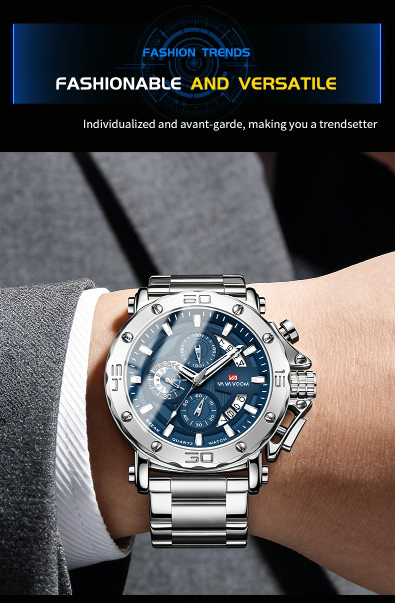 VA VA VOOM Chronograph-Uhr für Herren, Kalender, leuchtend, wasserdicht, Herrenuhr, luxuriöse Edelstahl-Quarzuhr für Herren, Reloj – Detail 10