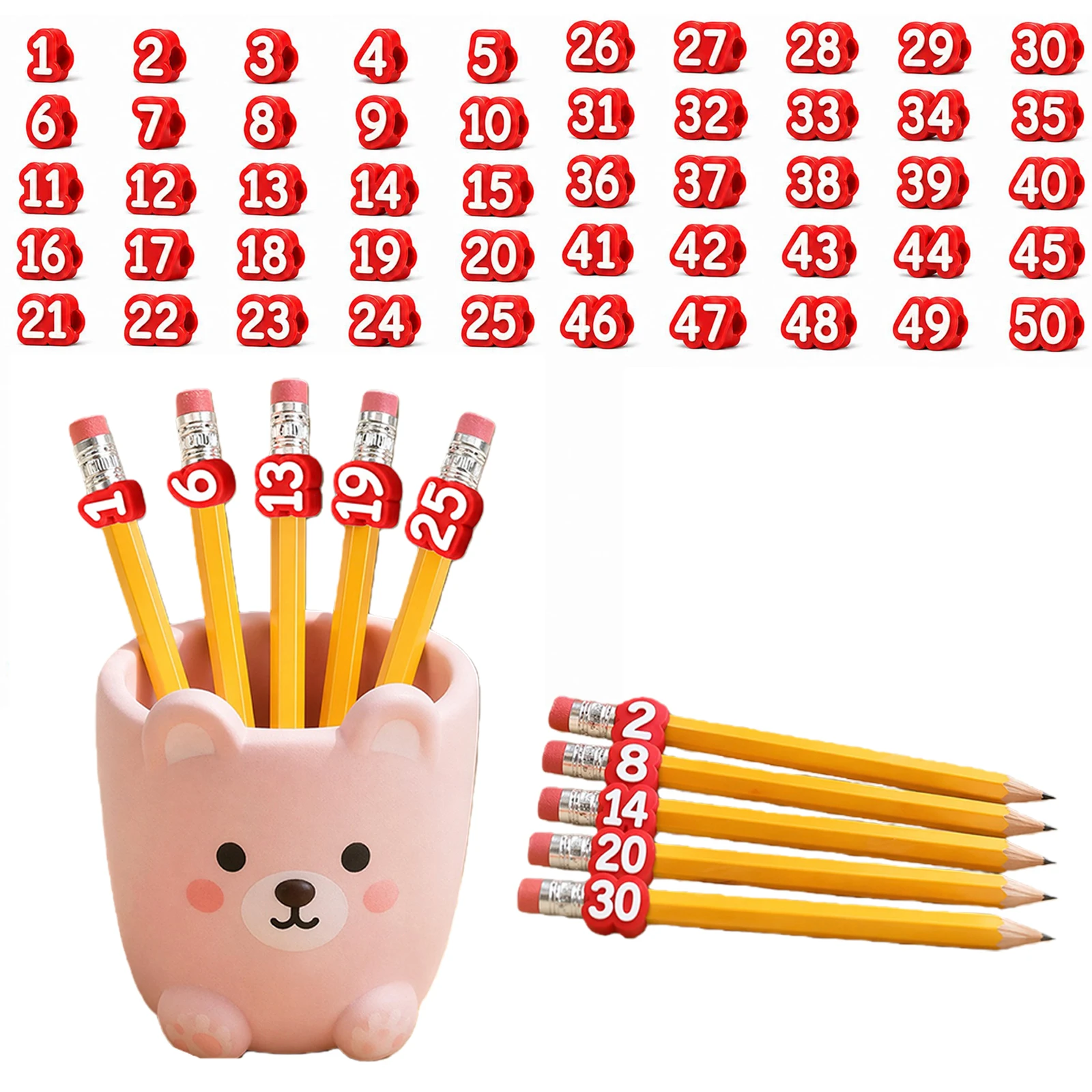 20/30/50 Pcs Numbered Pencil Topper Decoration, Numbered Pencil Topper Accessories, Different Pencil Clips Decor for Students