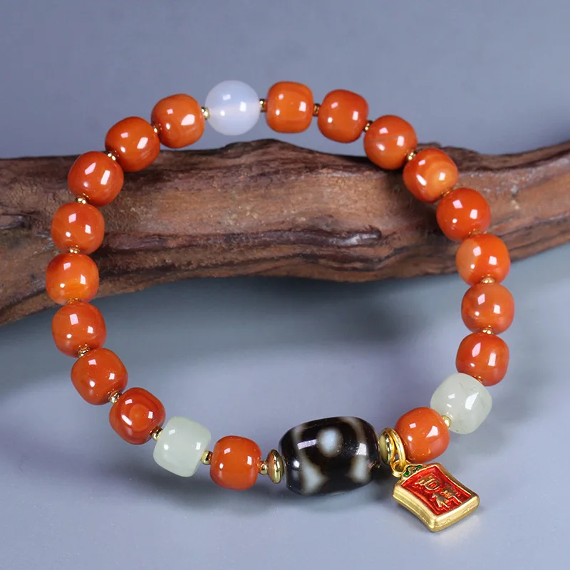 Sacred Ornaments of Tibet: Natural Black Gold Mandala Three-Eyed Dzi Bead Southern Red Agate and Hetian Jade Bracelet 13x1