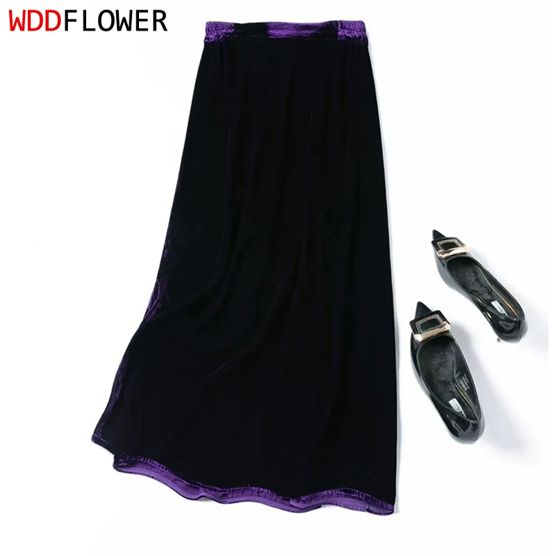 100% Mulberry Silk Lining Women Velvet Silk Bodycon Skirt Purple Color Elastic Waist Side Slit Pencil Skirts Office Lady M1795