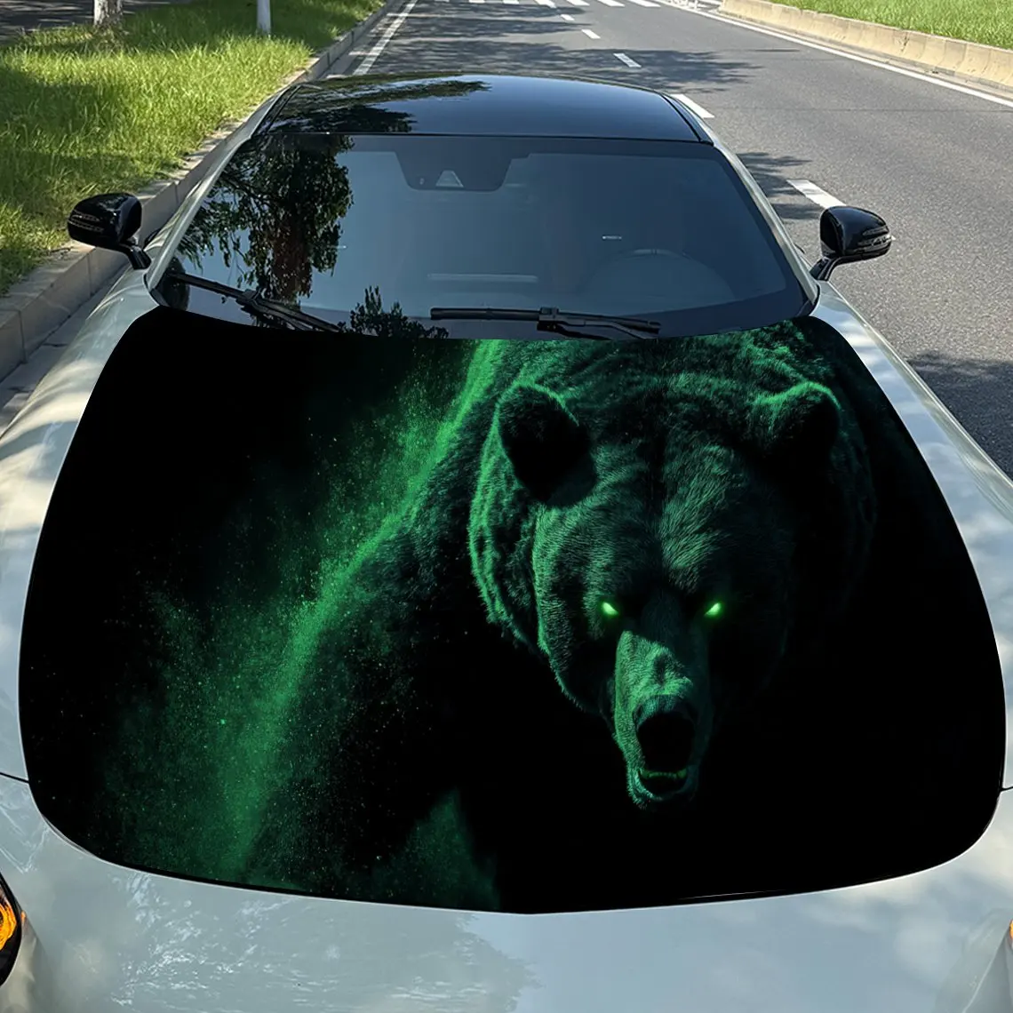 

Green Glow Bear Auto Cover Sticker, Waterproof and Self-adhesive Auto Hood Decal, Auto Vinyl Wraps, Cool Car Exterior D