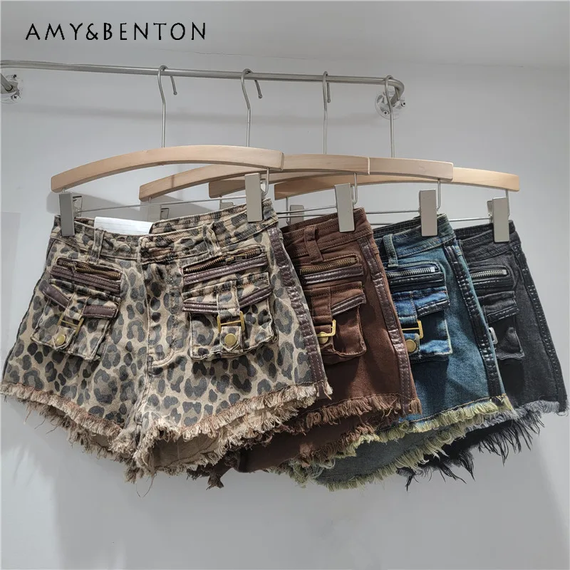 

American Retro Pocket Short Cargo Pants Women's Heavy Industry Washed Vintage Low-rise Frayed Zipper Denim Shorts For Ladies