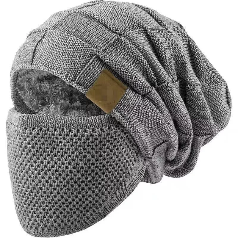 Men Winter Cycling Hat Warm Windproof Mask Integrated Thermal Pullover Classic Plaid Hat Outdoor Sports Cap European American