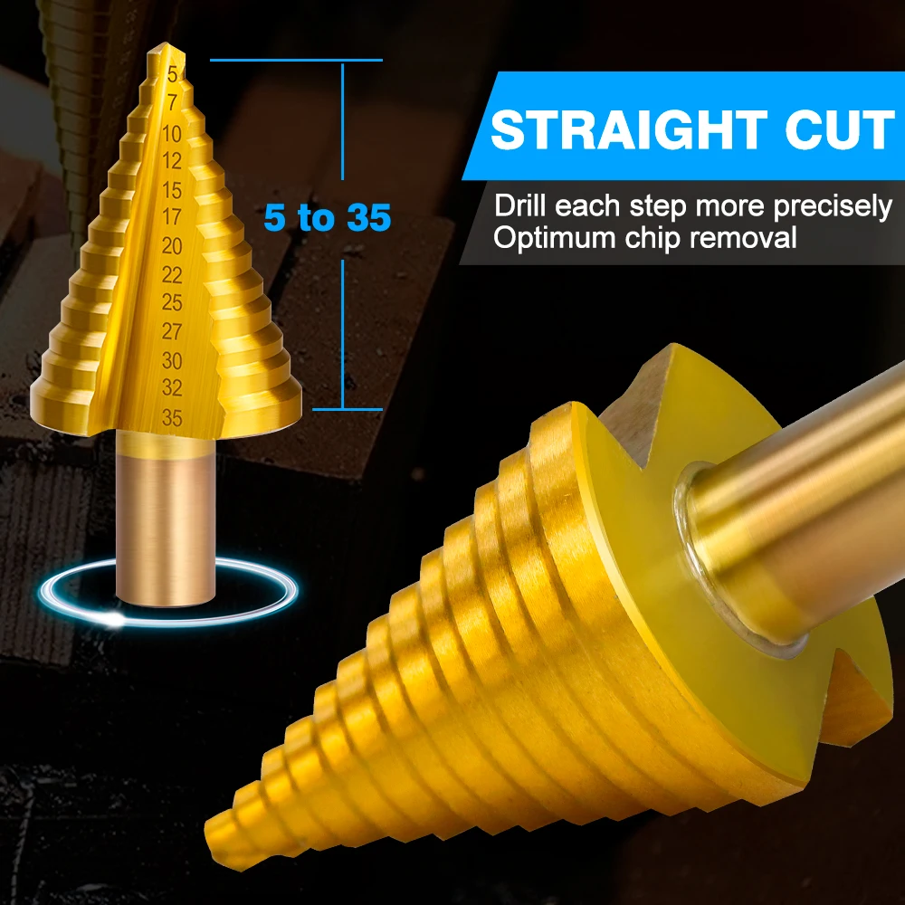 XCAN 5-35mm HSS Step Drill Bit Straight Groove Titanium Coated Wood Metal Hole Cutter 13 Steps Multiple Hole Cone Drill Bit