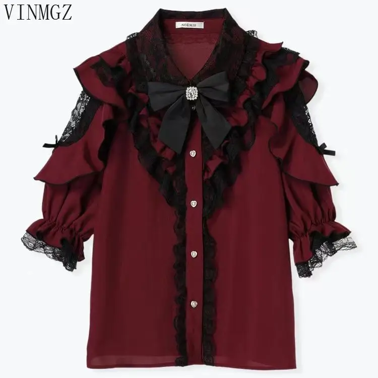 

Japan's original order new mine series ruffle edge bow off-the-shoulder lace medium-sleeved sweet shirt
