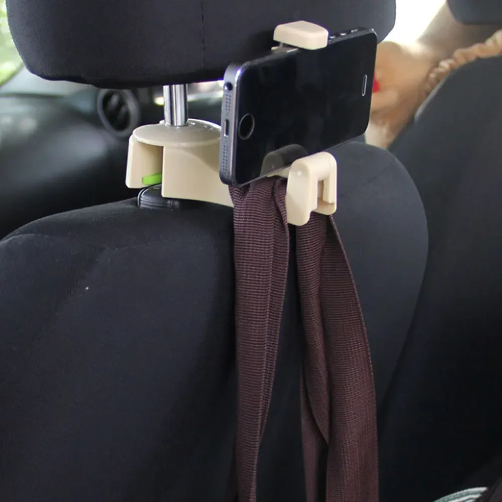 Good 2 in 1 Car Headrest Hook with Phone Holder Seat Back Hanger for Bag Handbag Purse Grocery Cloth Foldble Clips Organizer