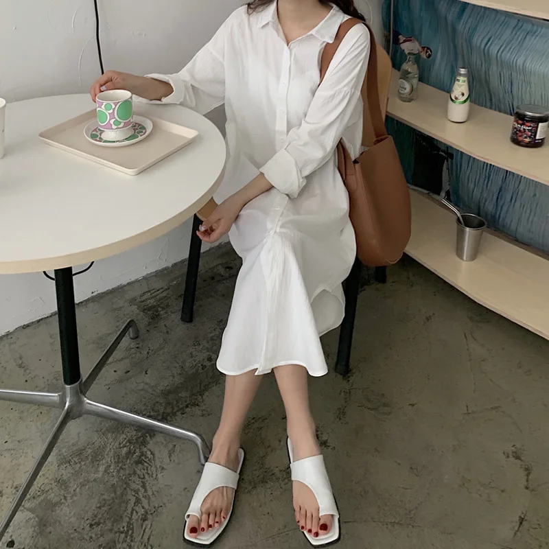 2023 new Long White Shirt Dress for Women Linen Cotton 2023 Spring Summer Casual Korean Clothing Vintage Oversized Midi Robe