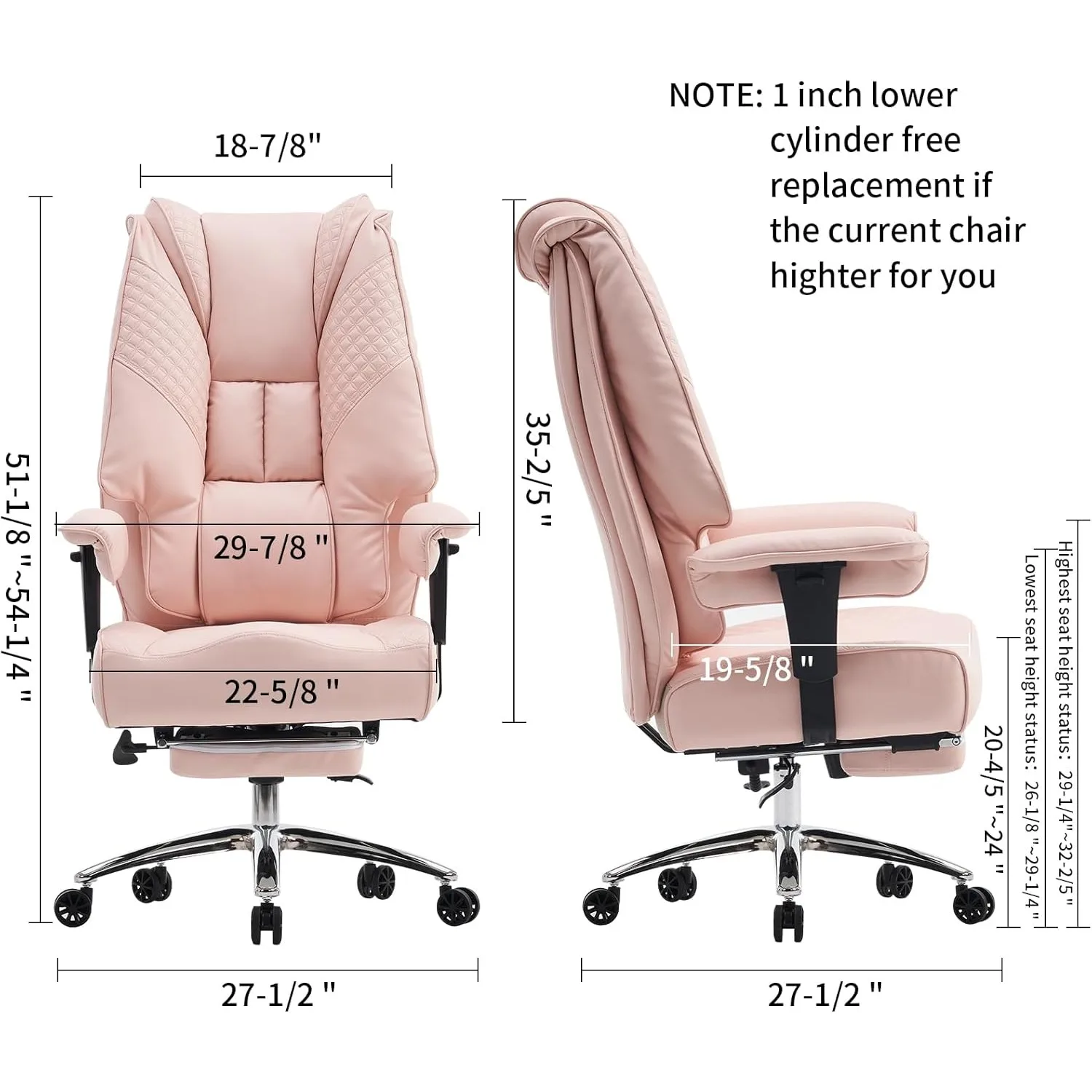 Office Chair Wide Seat, Leather High Back Office Chair with Foot Rest,Lumbar Support for Lower Back Pain Relief (Light Pink)