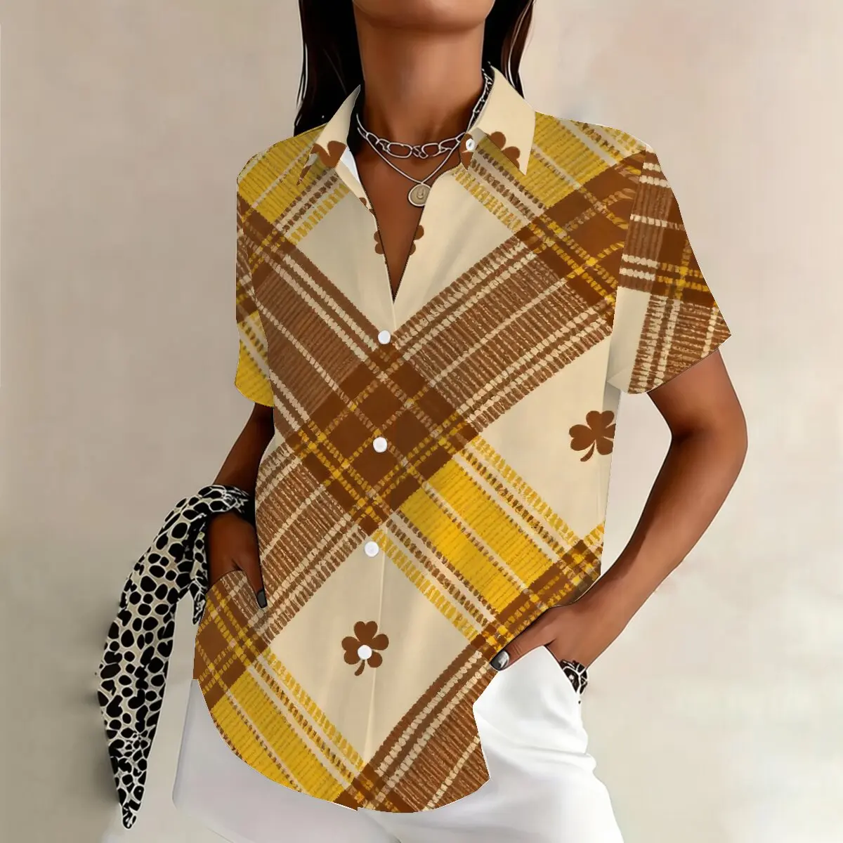 

Personalized minimalist cross striped printed women's summer collar short sleeved shirt, fashionable daily casual versatile top