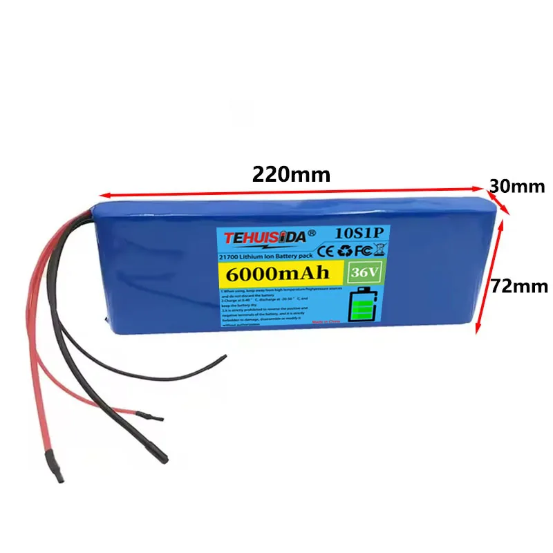 10S1P Large Capacity 36V 6000mAh Battery 21700 Rechargeable Lithium-ion Battery Electric Vehicle Motorcycle 20A BMS 500W
