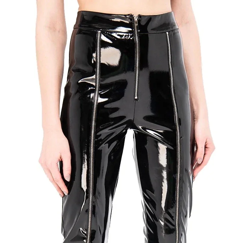 

Women's Shiny Patent Leather Pants with Front Full Zip Gothic PVC Pensil Pants Stretch Slim Lady Faux Latex Trousers Streetwear