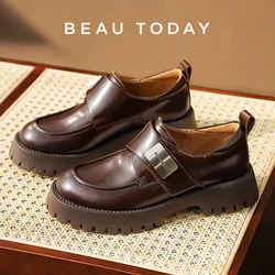 BeauToday Derby Shoes Women Genuine Cow Leather Hook Loop Flats Sliver Buckle Round Toe Ladies Casual Shoes Handmade 27927