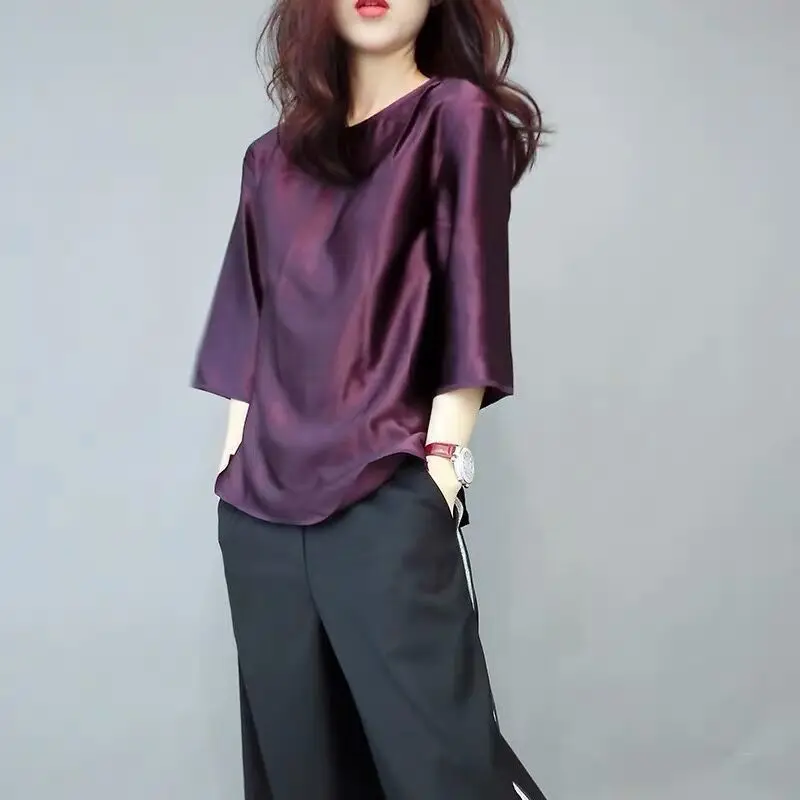 Elegant O-Neck Solid Color 3/4 Sleeve Oversized Satin Blouse 2022 Spring and Summer New Casual Tops Loose Office Lady Shirt