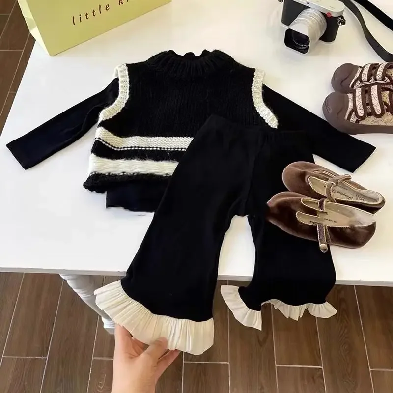 Three Piece Set Girls\' Spring and Autumn Set 2023 New Color Matching Woolen Vest Girl Knitted Bottom Shirt Flare Pants