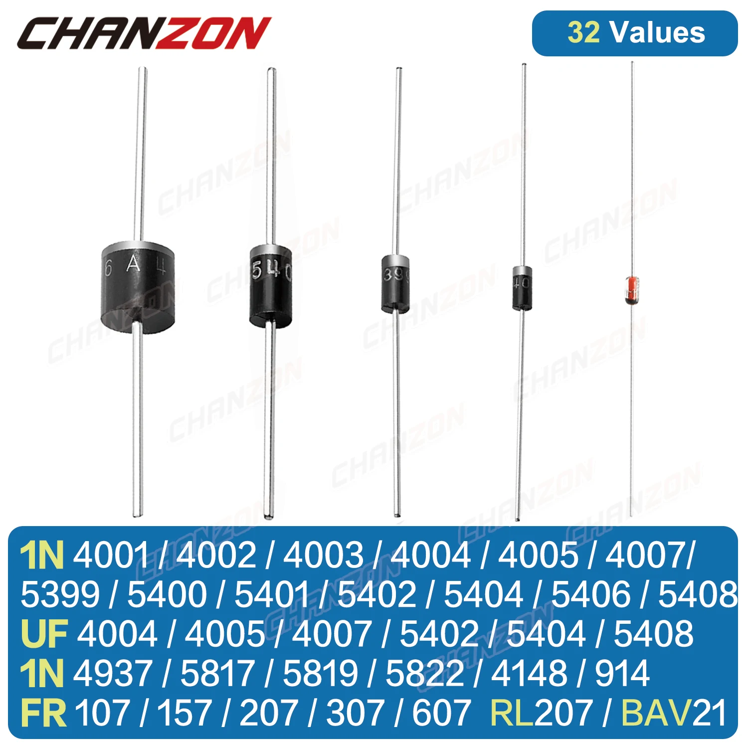 32Values Fast Recovery Switching Schottky Barrier Rectifier Diode 1N4001 1N4004 1N4007 1N5408 UF4007 1N5817 1N5819 1N5822 1N4148