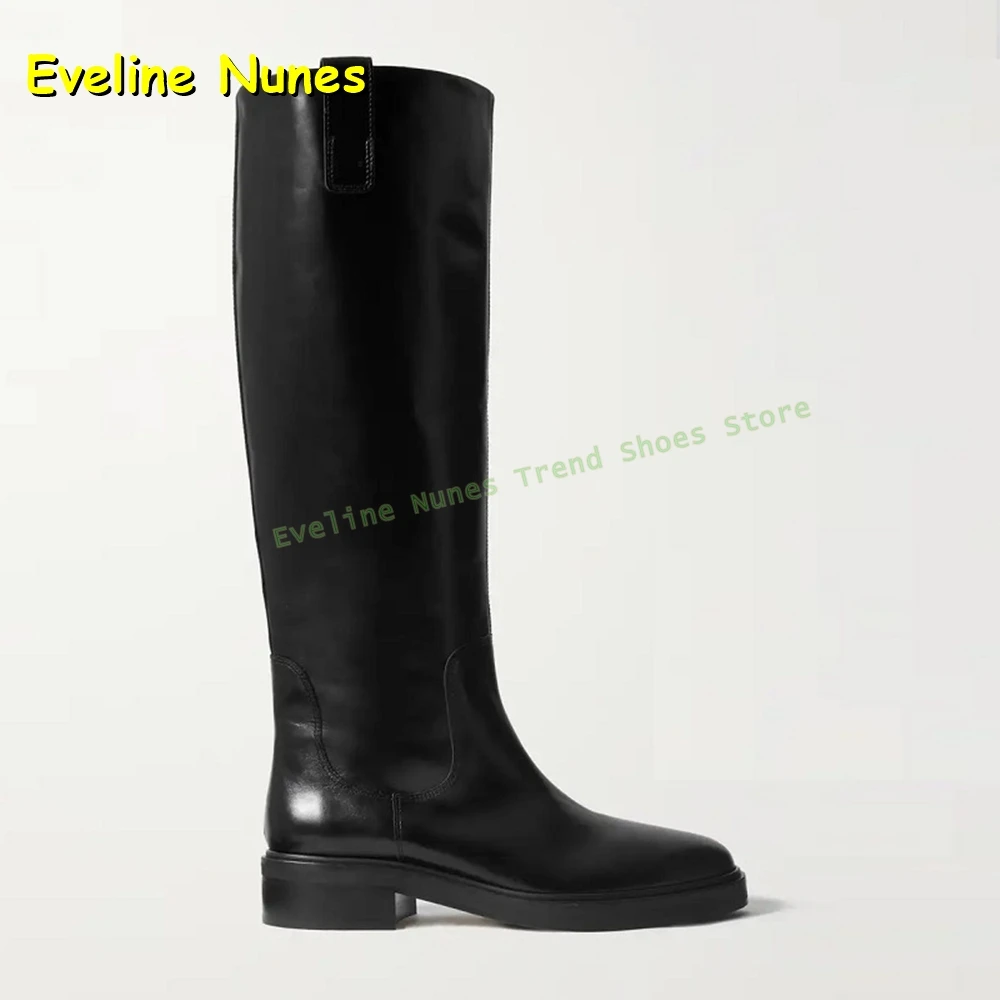 Black Leather Knee High Riding Boots Women's Round Toe Chunky Heels Tall Boots for Office Work and Everyday Casual Wear Summer view 5