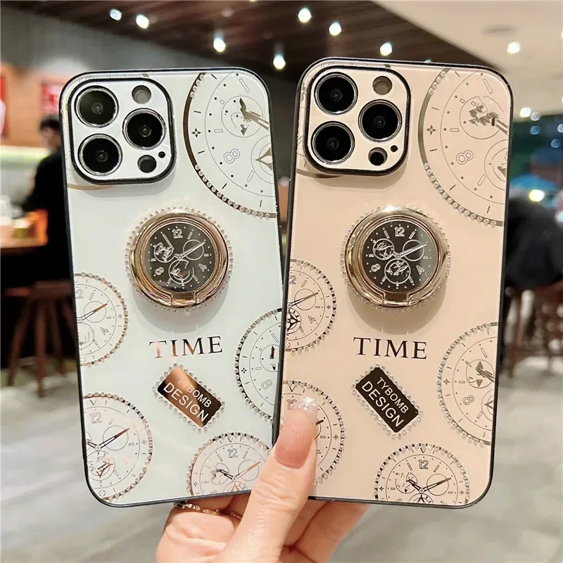 Luxury Clock Diamond Case For iPhone 13 11 12 Pro Max XS max XR X 7 8 6 Plus Cover With Finger Ring For iPhone 15 14 ProMax Case