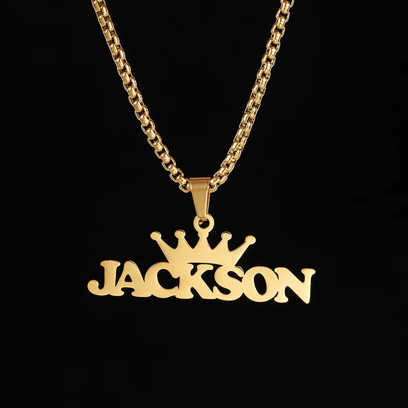 Kcaco Customized Name with Big Crown Pendant Necklace Stainless Steel Personalized Hiphop Thick Chain Nameplate Choker for Men