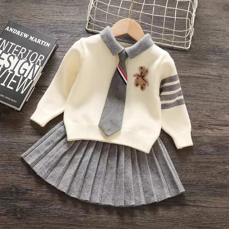 Girls Sweater Set Spring Autumn New Fashion Children's Baby Academy Style Clothing Children's Knitted Sweater Short Skirt 3PCS