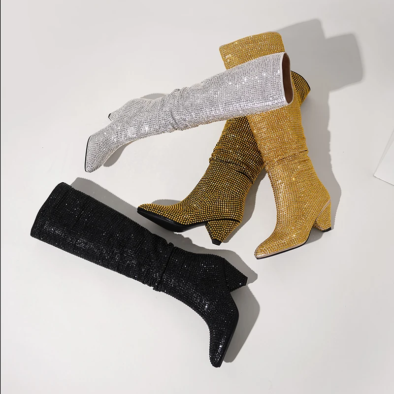 موضة سبايك الكعوب كريستال أحذية طويلة سيدة مثير أشار تو بلينغ بلينغ حذاء برقبة للركبة امرأة حجر الراين فستان الحفلات الأحذية #3