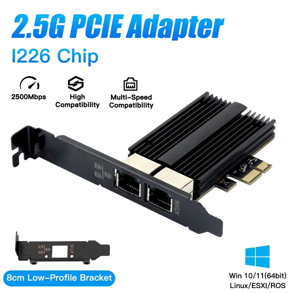 Scheda di rete Pcie a RJ45 I226-V da 2500 Mbps Scheda di rete Gigabit Ethernet da 2,5 G a doppia porta 100/1000/2500 Mbps per desktop Win/Linux