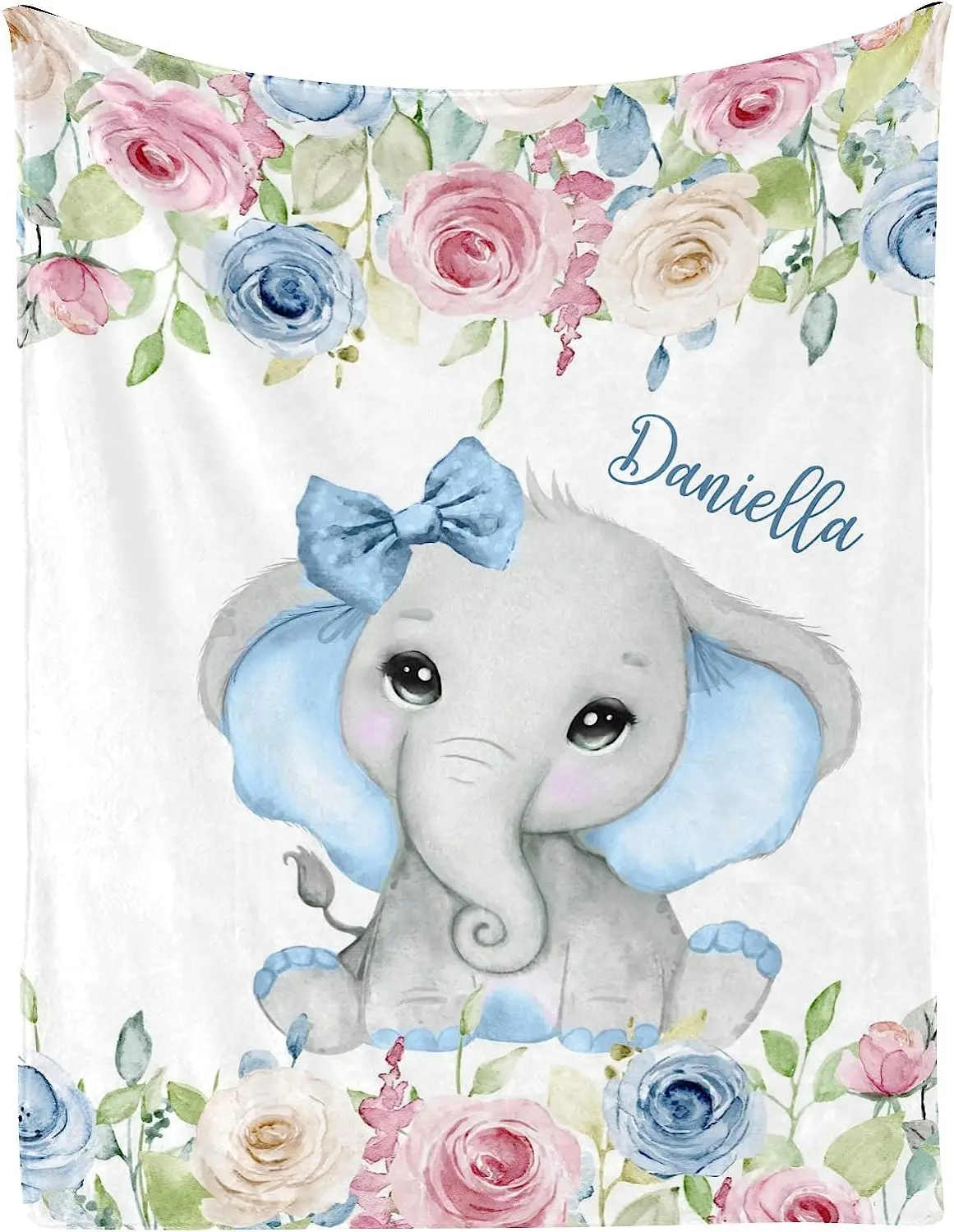 Blue Pink Flowers Roses Elephant Personalized Kid Baby Blanket Customized 30 x 40 Inch Throw with Name Text for Girl Boy