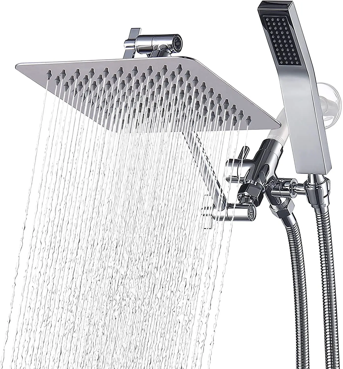 

8 inch Chrome 304 Stainless steel Shower head Complete set with Handheld shower spray Brass Folded shower arm 1.5M shower hose