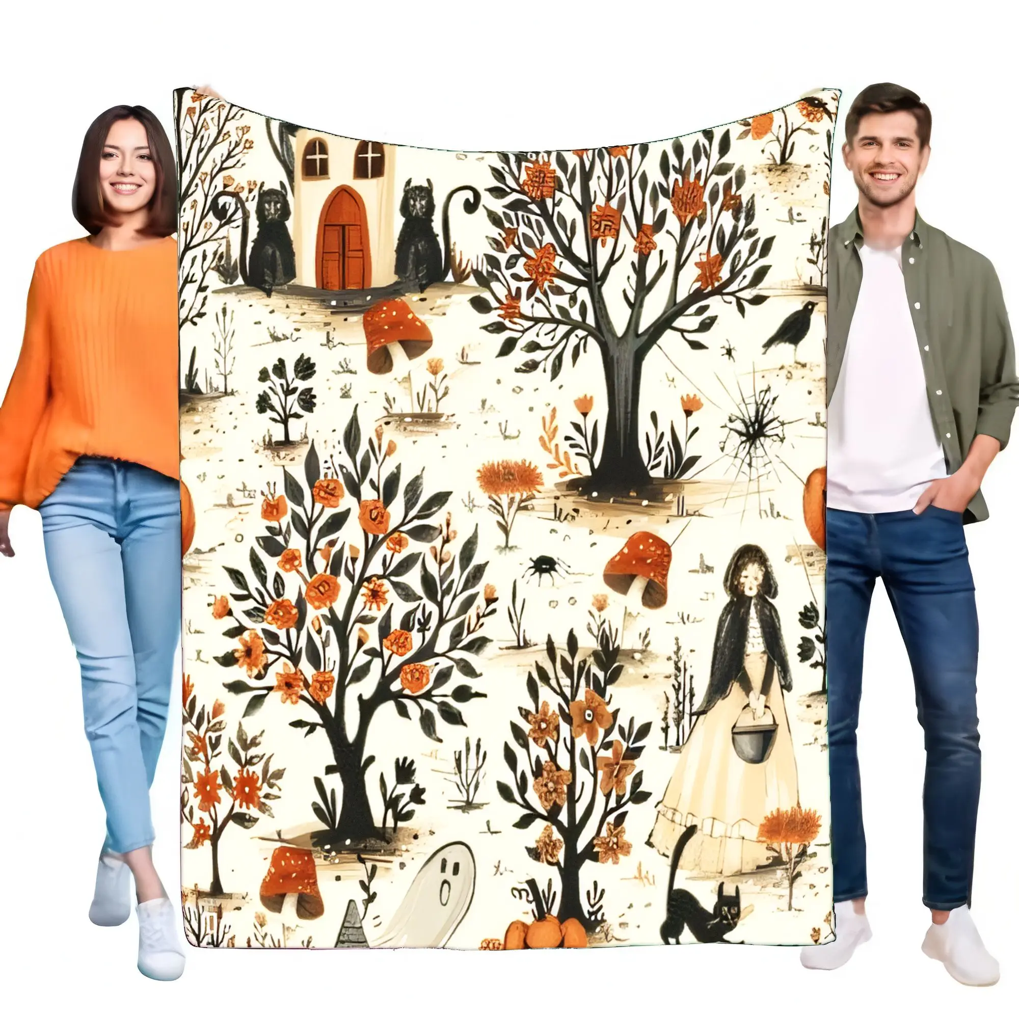 

Halloween Witchy Spooky Forest Black Cat Blanket, Soft Flannel Throw, Cozy Autumn Bed Sofa Home Decor Gift