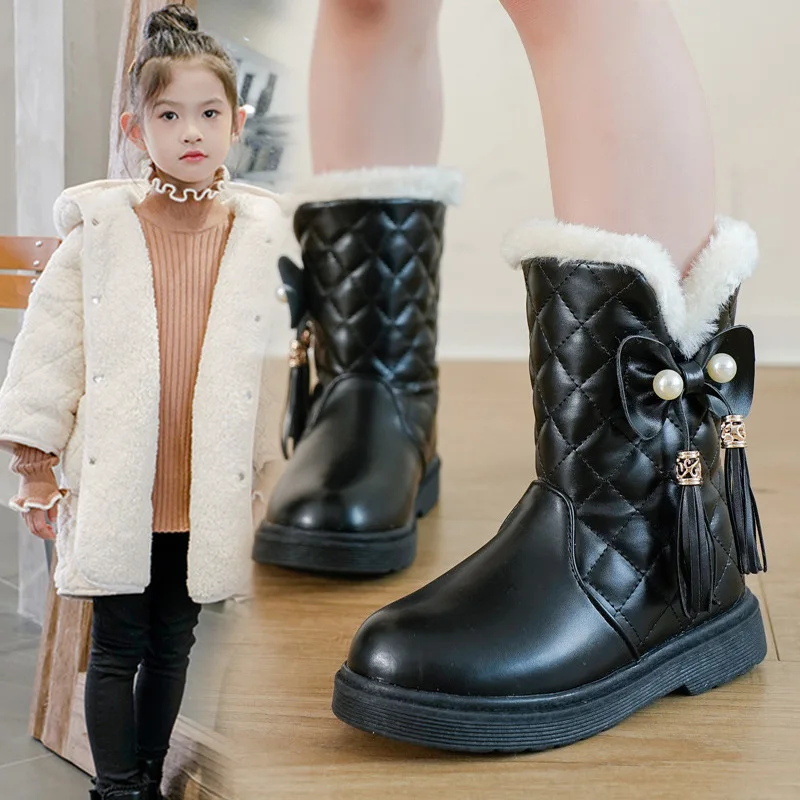 

Новинка зимы 2024, ботинки для девочек, теплые детские зимние сапоги на флисовой подкладке, модные хлопковые сапоги в стиле принцессы для больших детей для маленьких девочек