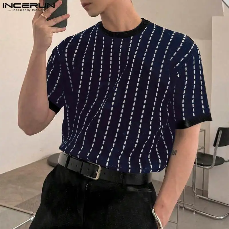 INCERUN Tops 2024 Korean Style Handsome Men's Dotted Printed Knitted T-shirt Casual Streetwear Male Short Sleeved Camiseta S-5XL