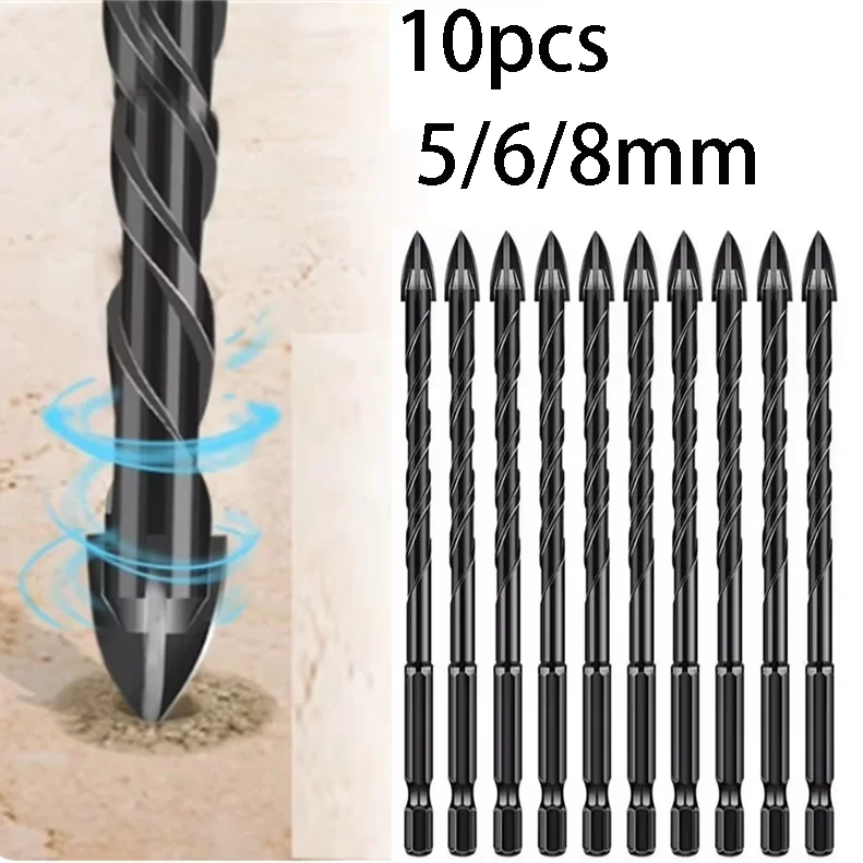 

10pcs Cross Hex Tile Drill Bit Set 5/6/8mm Glass Concrete Ceramic Tile Hard Alloy Triangle Drill Professional Hole Opener Tool