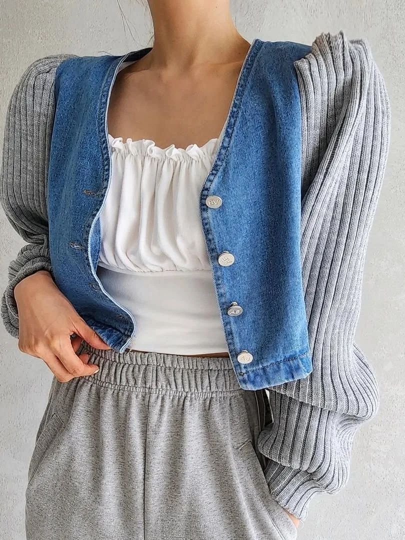 

Шикарный вязаный джинсовый топ в стиле ретро в стиле пэчворк, женский топ Faion Bubble Sve, модный корейский свободный крой, весенняя верхняя одежда