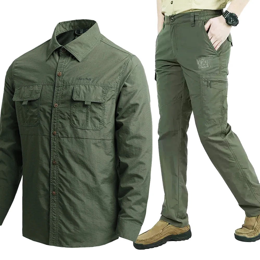 

Quick Drying Workwear Sets Men Spring Tactical Cargo T Shirts Pants Suit Outdoor Summer Long Sleeved Thin Pockets 2 Pcs