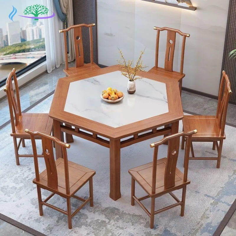 New Chinese solid wood rock slab table, hexagonal table and chair combination, hexagonal table top in restaurants and tea houses