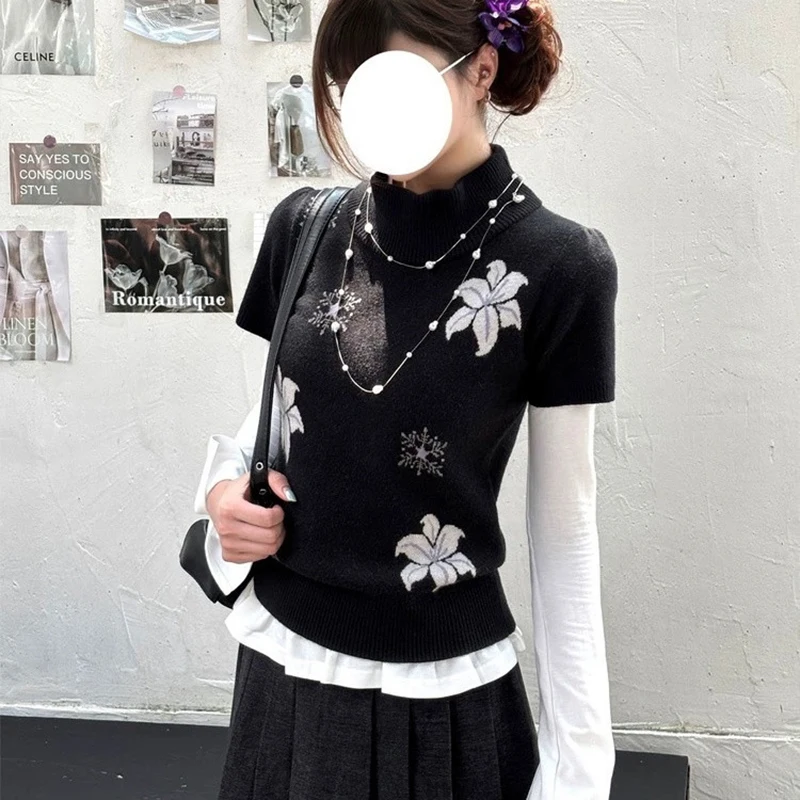 MEXZT Vintage Print Sweater Women Japanese Harajuku Black Knitted Pullovers Y2K Short Sleeve Knitwears Winter Design Jumpers New