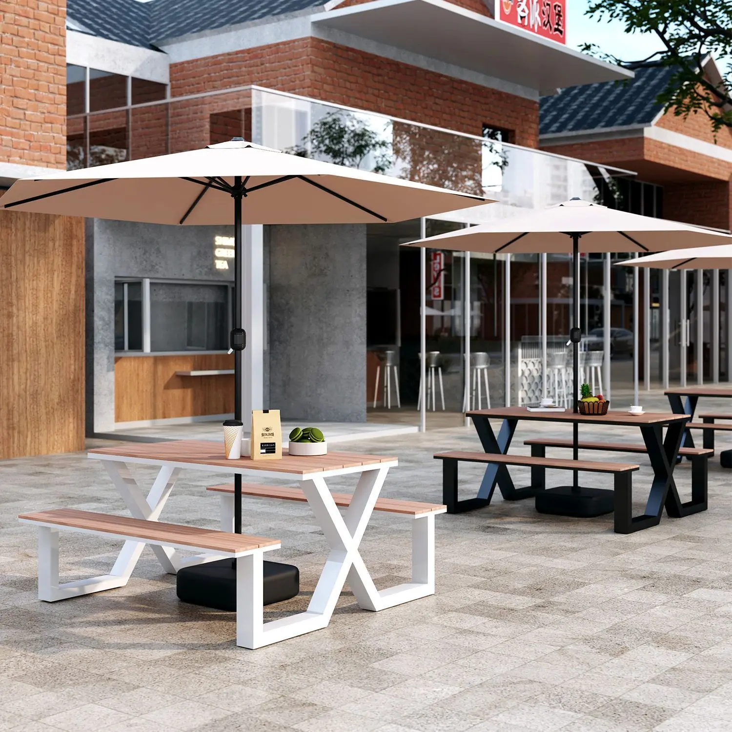Outdoor Plastic Wood One-piece Dining Table Internet Celebrity Milk Tea Shop Cafe Casual Table And Chair Outdoor Courtyard Garde