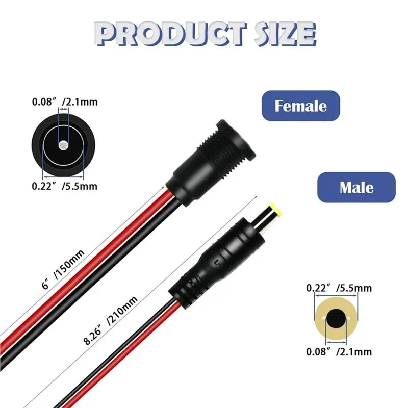 DT17 DC Power Jack Adapter Kit, 6 Sets 5.5x2.1mm Threaded Female Panel Mount Connector with Cover Cap for Audio Connector