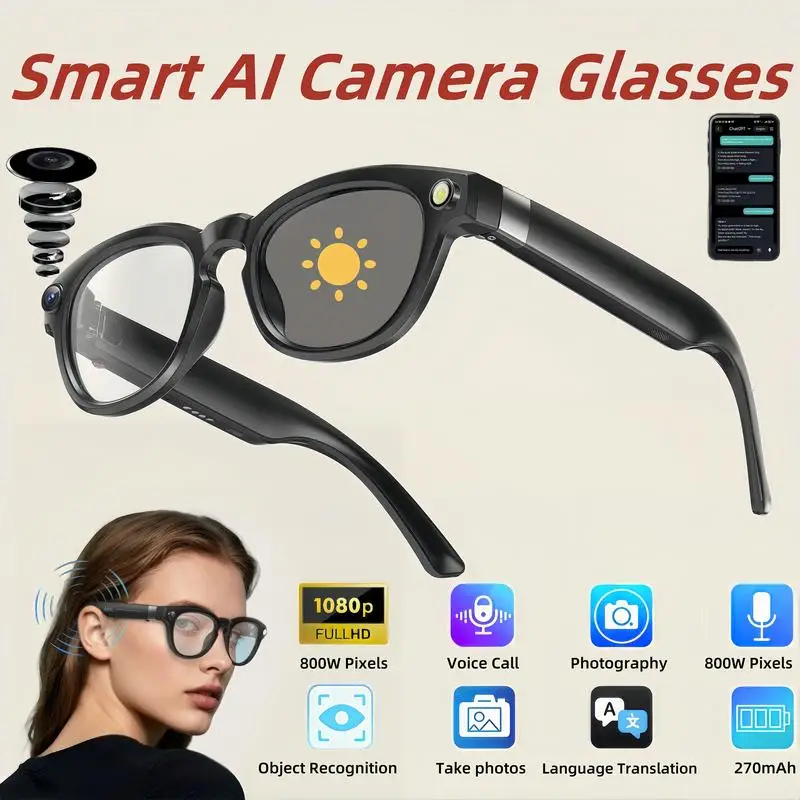 Inteligentne okulary z kamerą AI 800MP, okulary Bluetooth z funkcją rozmów, odtwarzania muzyki, rozpoznawania obiektów, tłumaczenia AI i wieloma funkcjami.