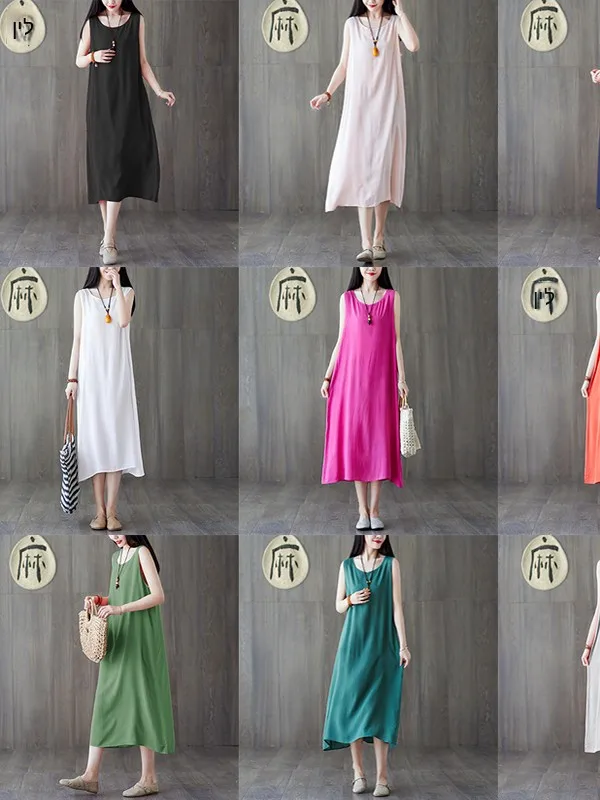 

Retro Artistic Pure Color Cotton Silk Vest Dress Summer Women's Midi Loose Versatile Age-Defying Base Layer Skirt