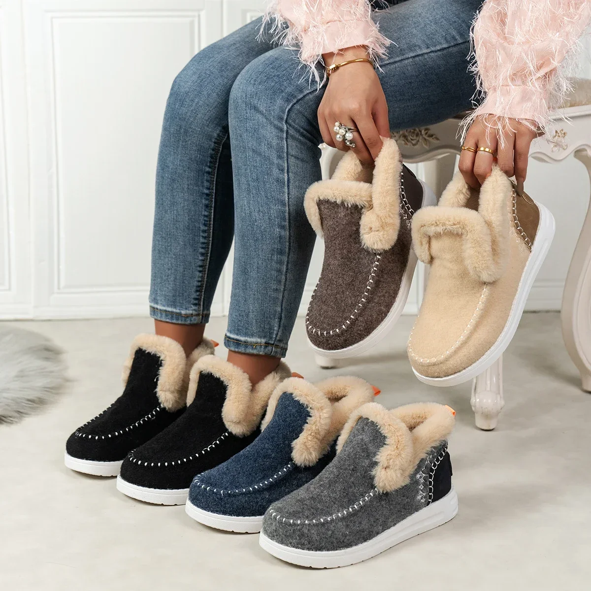 Women Winter Flats Snow Ankle Boots Short Plush Cotton Shoes Winter Designer Warm Casual Shoes Trend Walking Zapatos Ladies