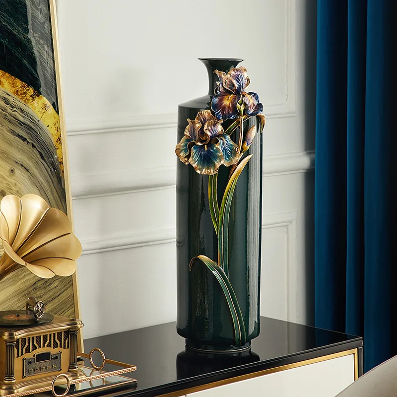 Light luxury enamel vase, ceramic living room desktop, new Chinese entrance dried flower arrangement jewelry