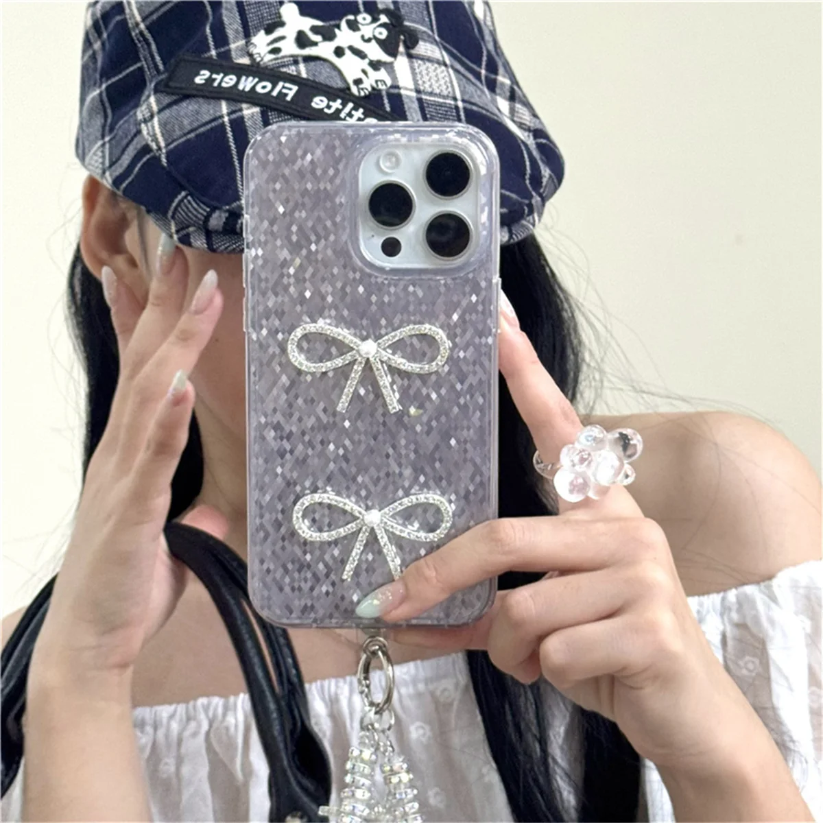 Coreano ins glitter bonito bowknot caso de telefone para iphone 16 pro 15 14 13 pro max capa com alça de corrente casos protetores