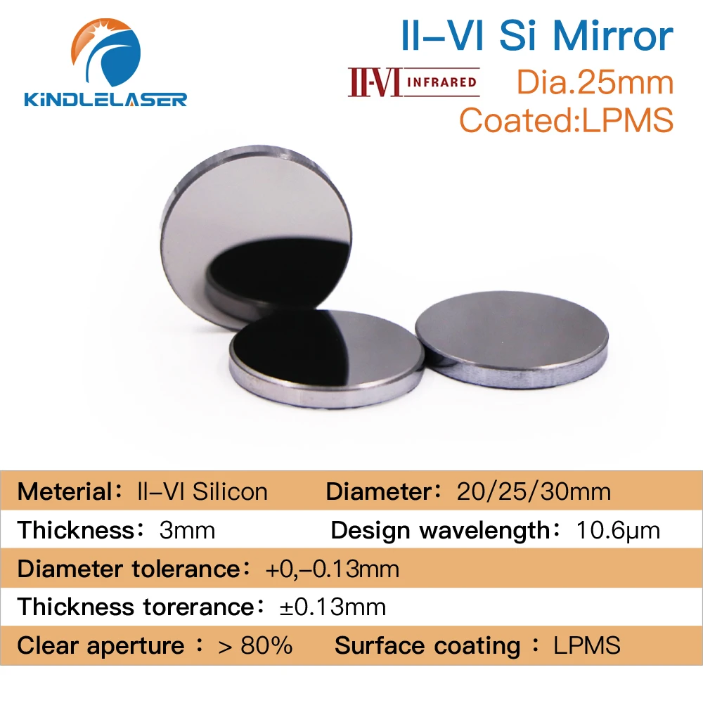 KINDLELASER Original II-VI Si Mirror Dia.20/25/30mm Thk.3mm 10.6um LPMS Coating for CO2 Laser Engraving Cutting Machine