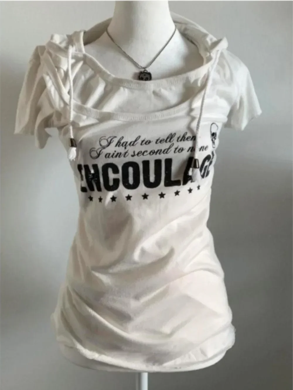 

Vintage 2025 New Hooded Half Sleeve T-shirt Slim Print Solid Y2K All-match Top Femme American Style Fake Two Pieces Mujer