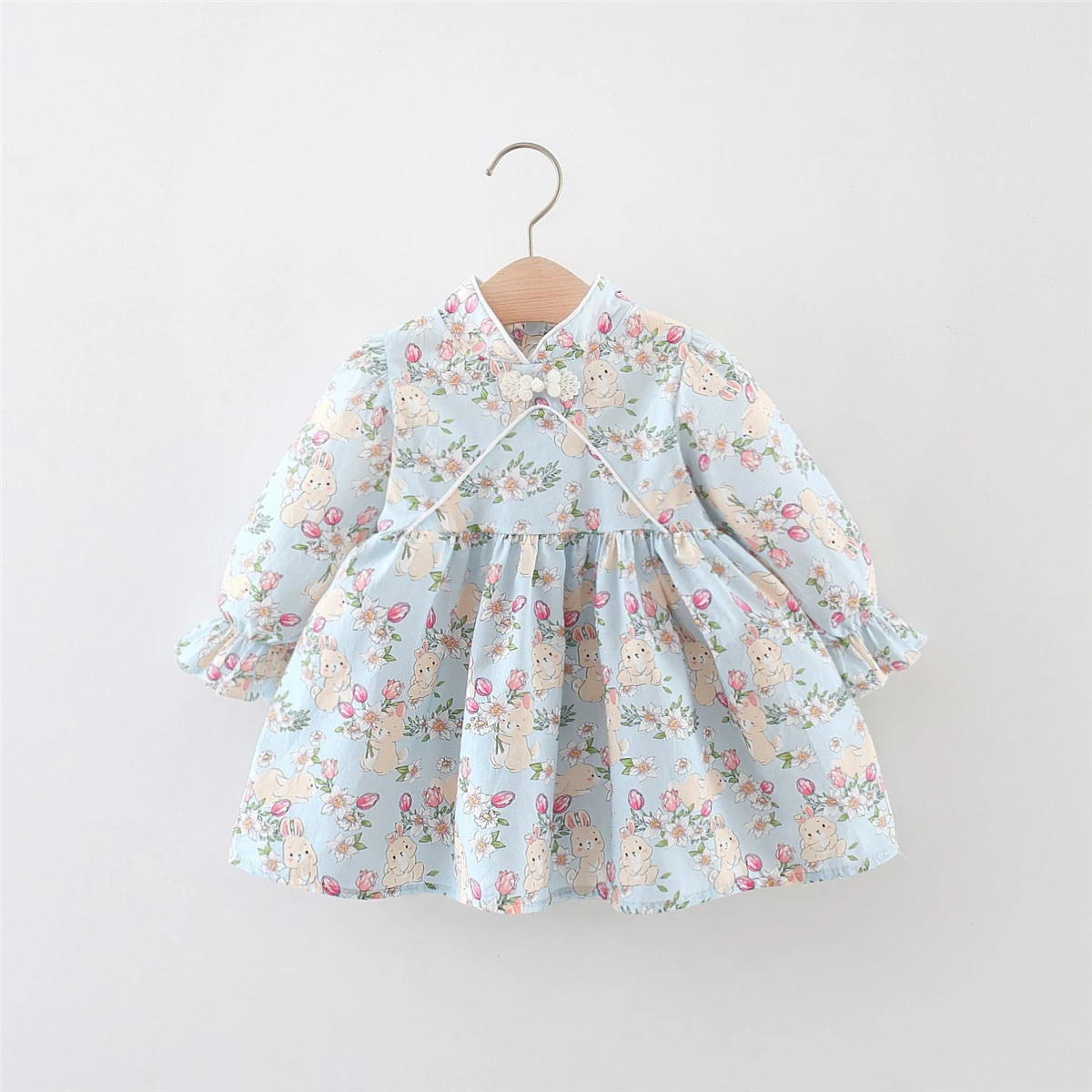 Baby Girl Chinese Style Cheongsam Cute Bunny Flower Print Long Sleeved Dress with Rabbit Ear Design Autumn Girl Outing Clothes