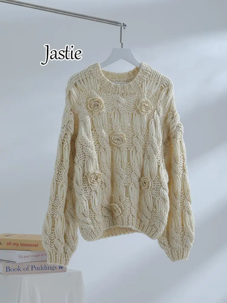 Jastie Soft Women Sweater 2023 Spring Autumn O Neck Long-sleeved Pullover Knitted Top Boho Flower Hollow Loose Casual Knit Tops