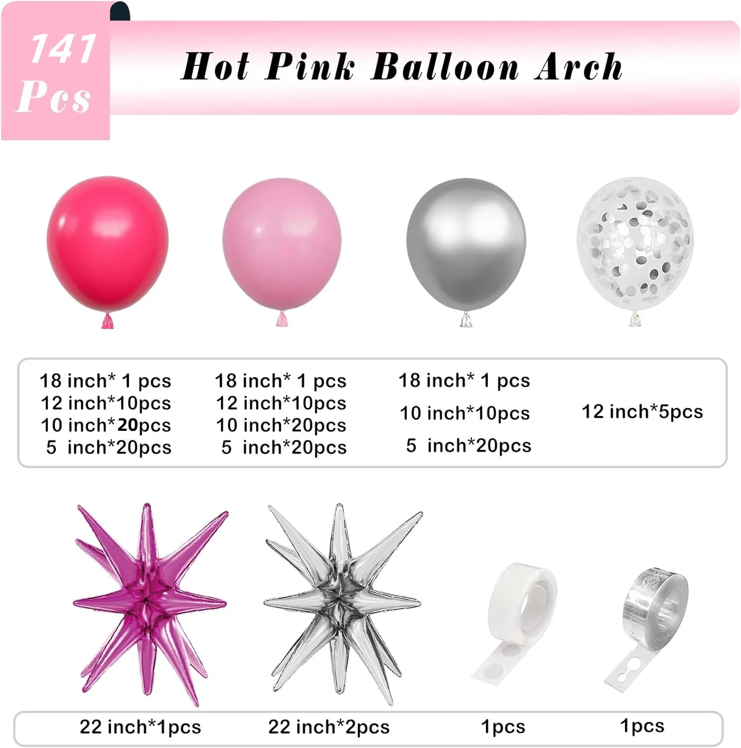 141Pcs Hot Pink Silver Balloons Arch Garland Kit-Pink Balloon for Princess Birthday Graduation Party Baby Shower Decor Supplies