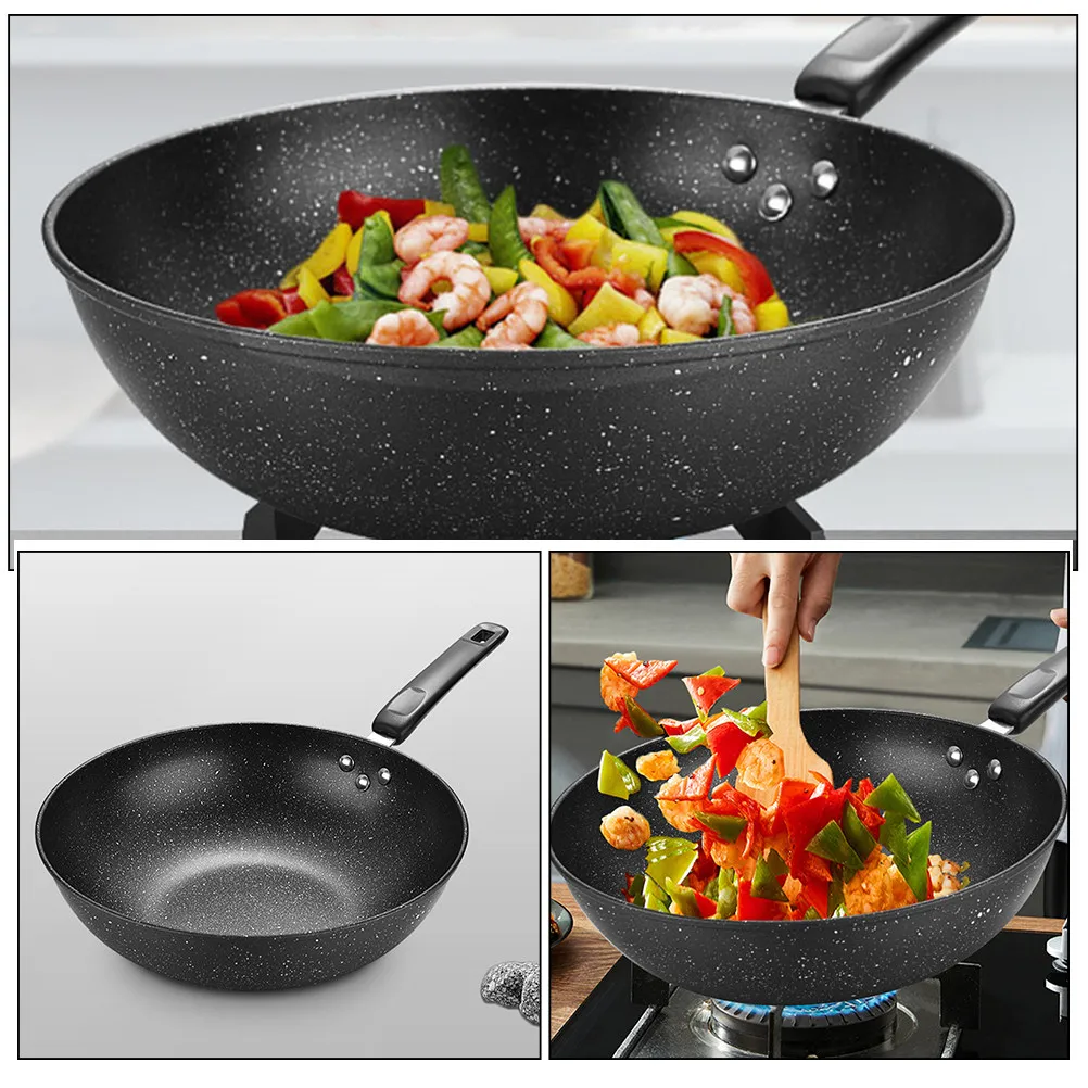 Maifan Stone Wok Frying Pan Iron Construction Nonstick Stir Fry Pan for Gas Electric Induction Stoves Home Restaurant Kitchen