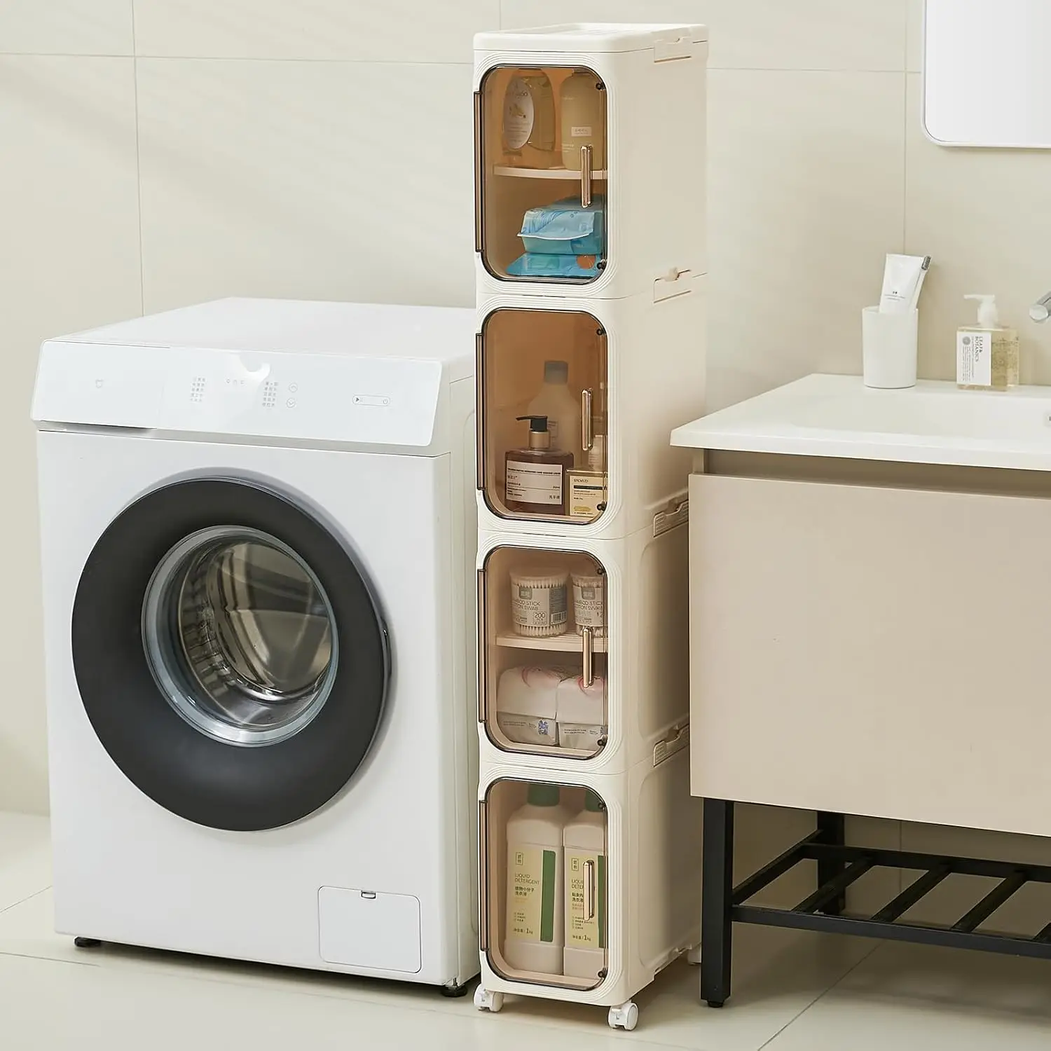 

4-уровневый высокий узкий шкаф для хранения – пластиковый тонкий органайзер для ванной с магнитными дверцами, регулируемый, настраиваемый